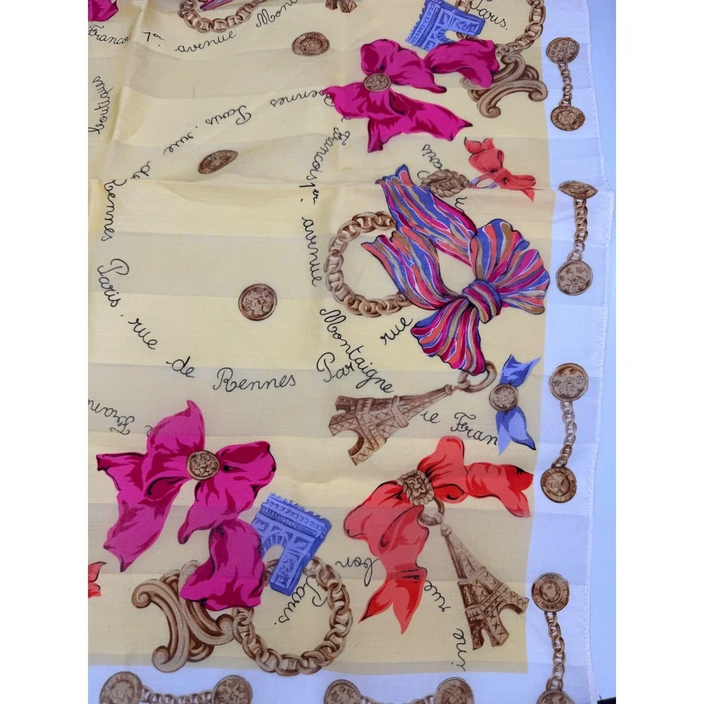 Vintage Celine Paris Silk Scarf Yellow Pink Bows Eiffel Tower Paris print 18